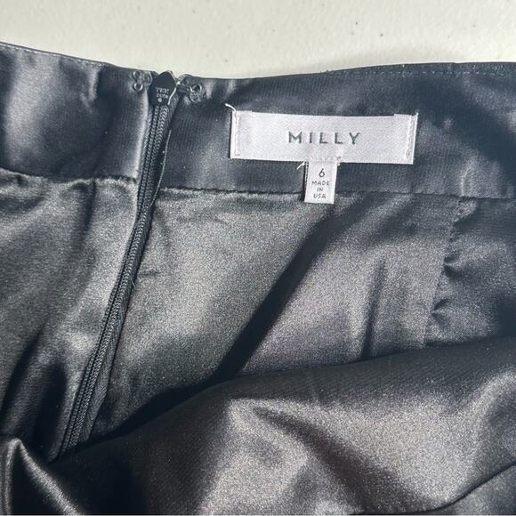 MILLY Lamb Leather Trim Speckled Tweed Pencil Skirt Black Size 6 - Picture 7 of 9